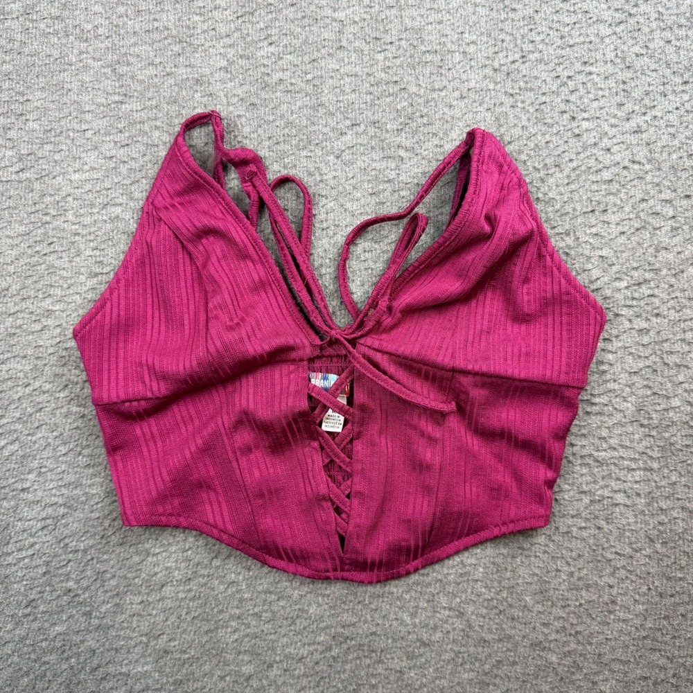 Urban Outfitters Corset Crop Top Women's Medium Pink Ribbed Lace Up Camisole